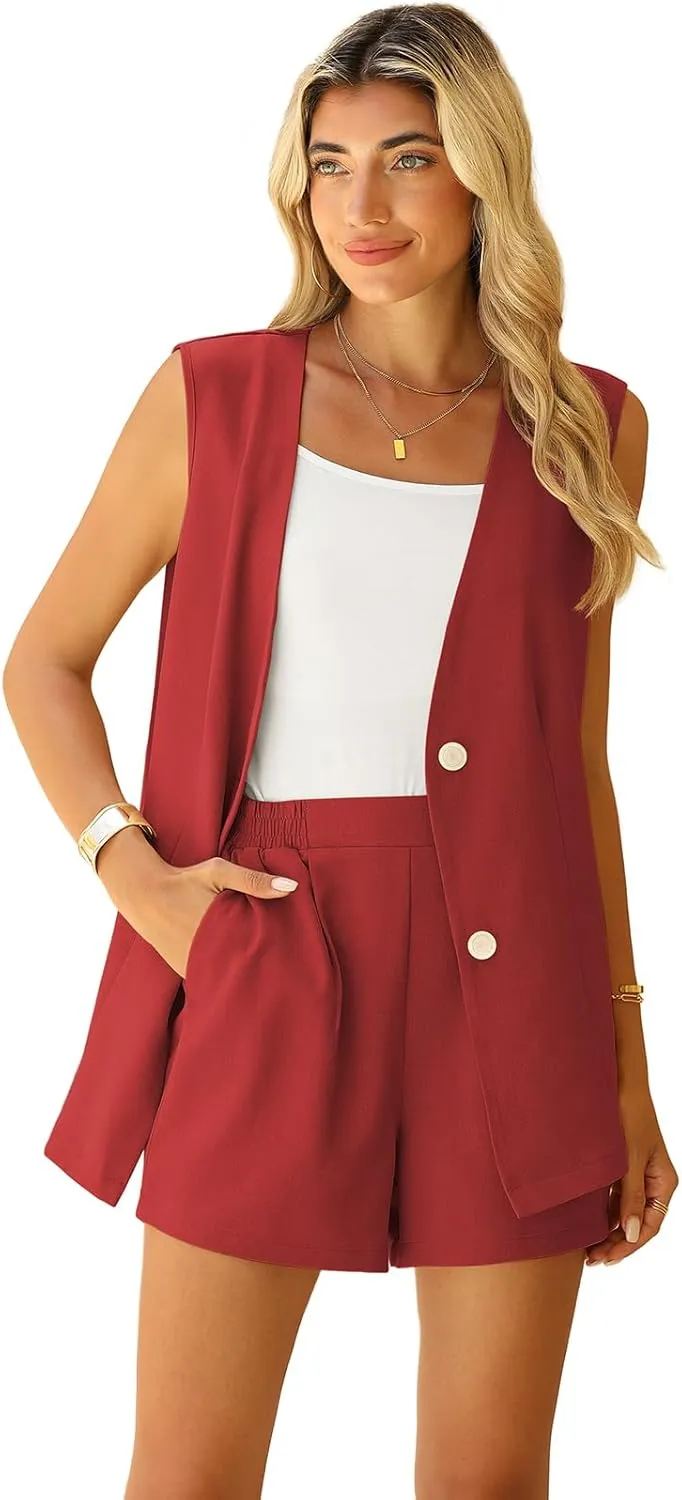 QUEZHU 2 Piece Sets for Women Summer Linen Sleeveless Blazer and Shorts Set 2025 Dressy Casual Outfits Matching Set