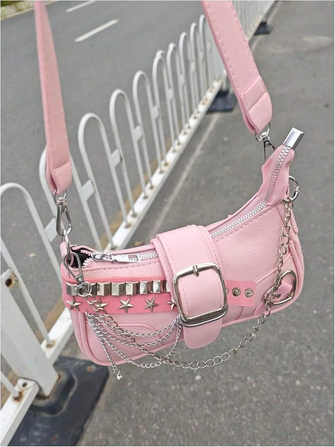 QWINEE Women's Studded Shoulder Bag Zipper Metal Buckle Funky Hobo Clutch Purses Punk Small Underarm Purse