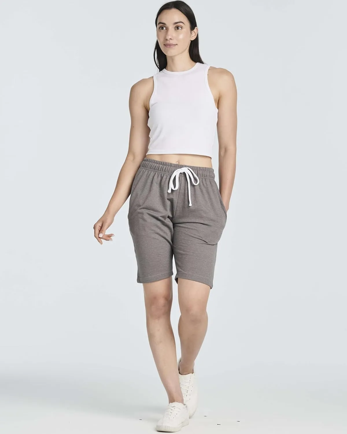 Real Essentials 3 Pack: Womens Cotton Terry Jersey 9" Bermuda Shorts Pockets-Casual Lounge Yoga (Available in Plus Size)