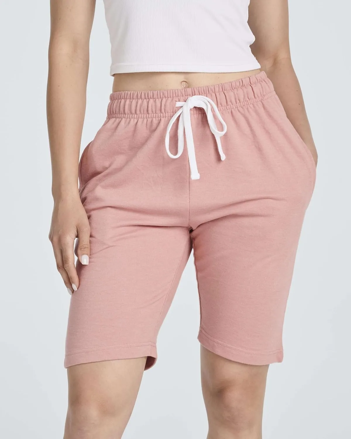 Real Essentials 3 Pack: Womens Cotton Terry Jersey 9" Bermuda Shorts Pockets-Casual Lounge Yoga (Available in Plus Size)