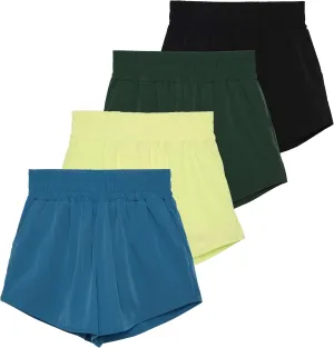 Real Essentials 4 Pack Women's 2.5'' High Waisted Running Shorts with Liner - Quick Dry, Dry Fit, Gym Workout