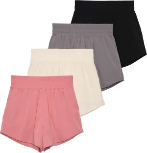 Real Essentials 4 Pack Women's 2.5'' High Waisted Running Shorts with Liner - Quick Dry, Dry Fit, Gym Workout