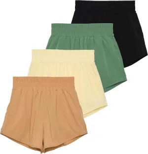 Real Essentials 4 Pack Women's 2.5'' High Waisted Running Shorts with Liner - Quick Dry, Dry Fit, Gym Workout