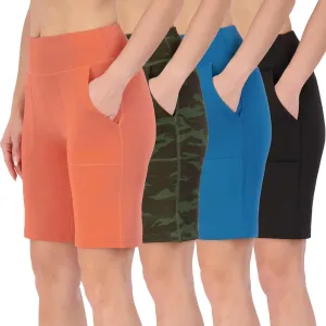 Real Essentials 4 Pack: Women's 9" Bermuda Long High Waisted Shorts with Pockets Casual Workout Athletic (Available in Plus)