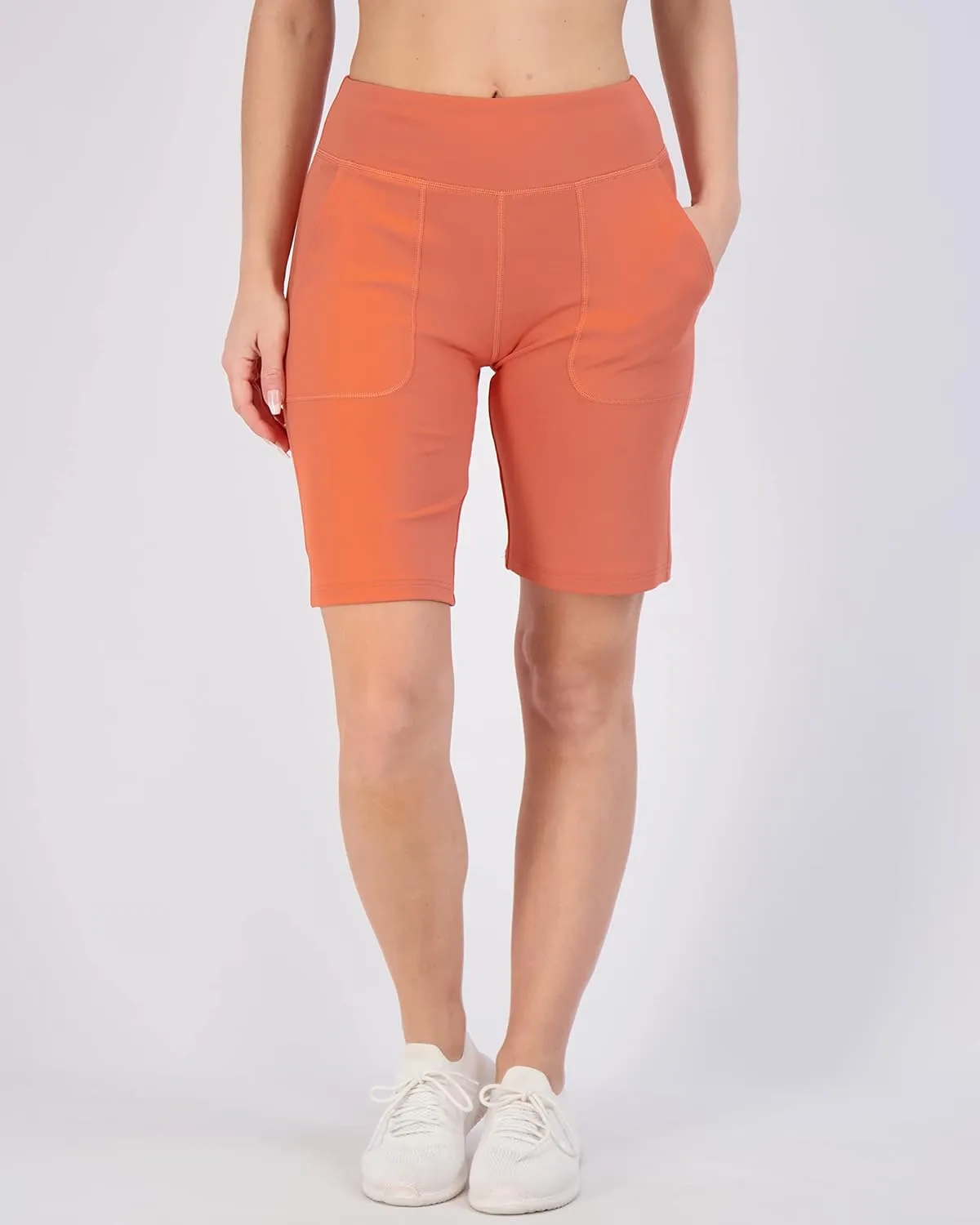 Real Essentials 4 Pack: Women's 9" Bermuda Long High Waisted Shorts with Pockets Casual Workout Athletic (Available in Plus)
