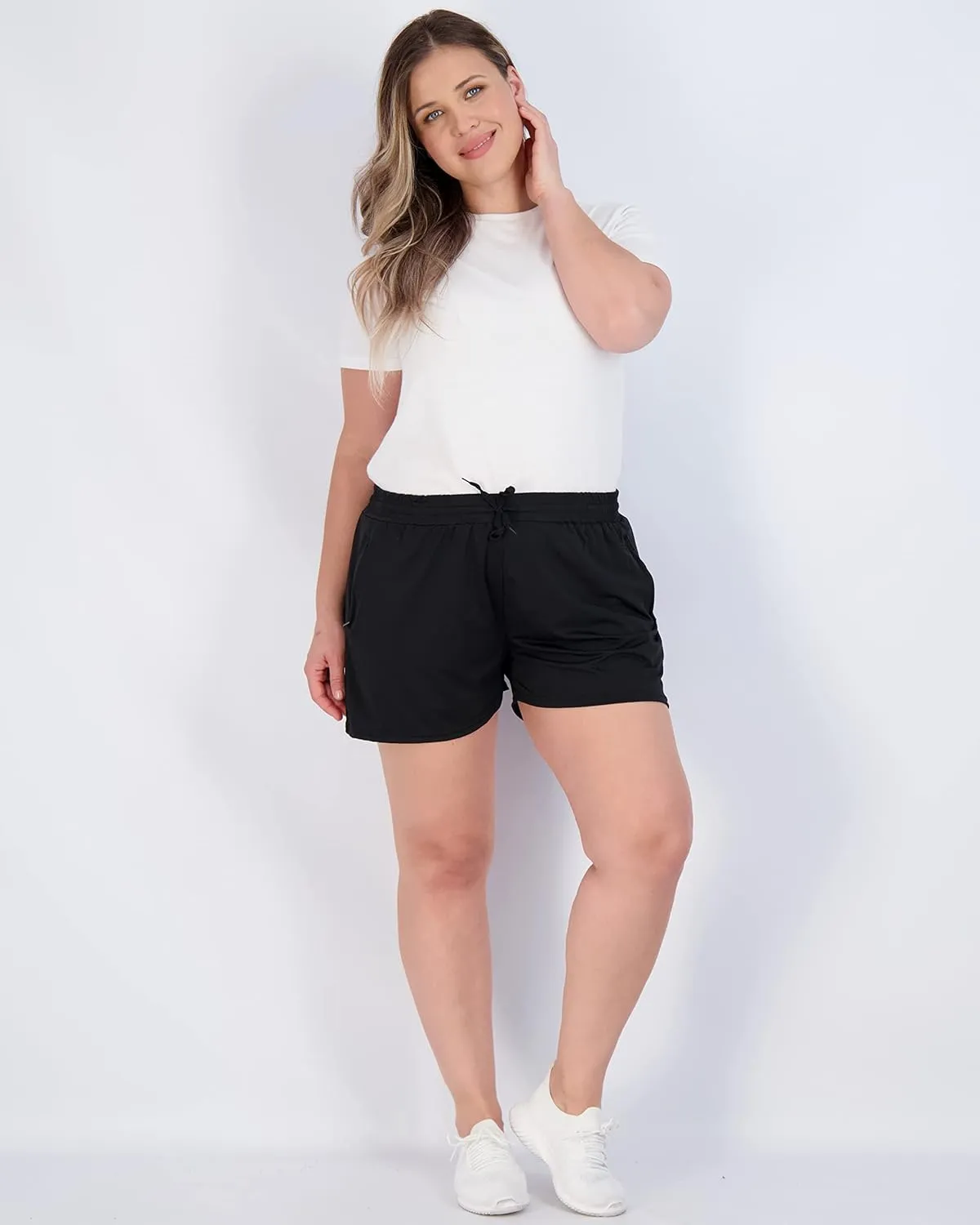 Real Essentials 4 Pack: Womens Athletic Dry-Fit Lounge Shorts with Zipper Pockets (Available in Plus Size)