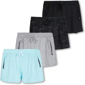 Real Essentials 4 Pack: Womens Athletic Dry-Fit Lounge Shorts with Zipper Pockets (Available in Plus Size)