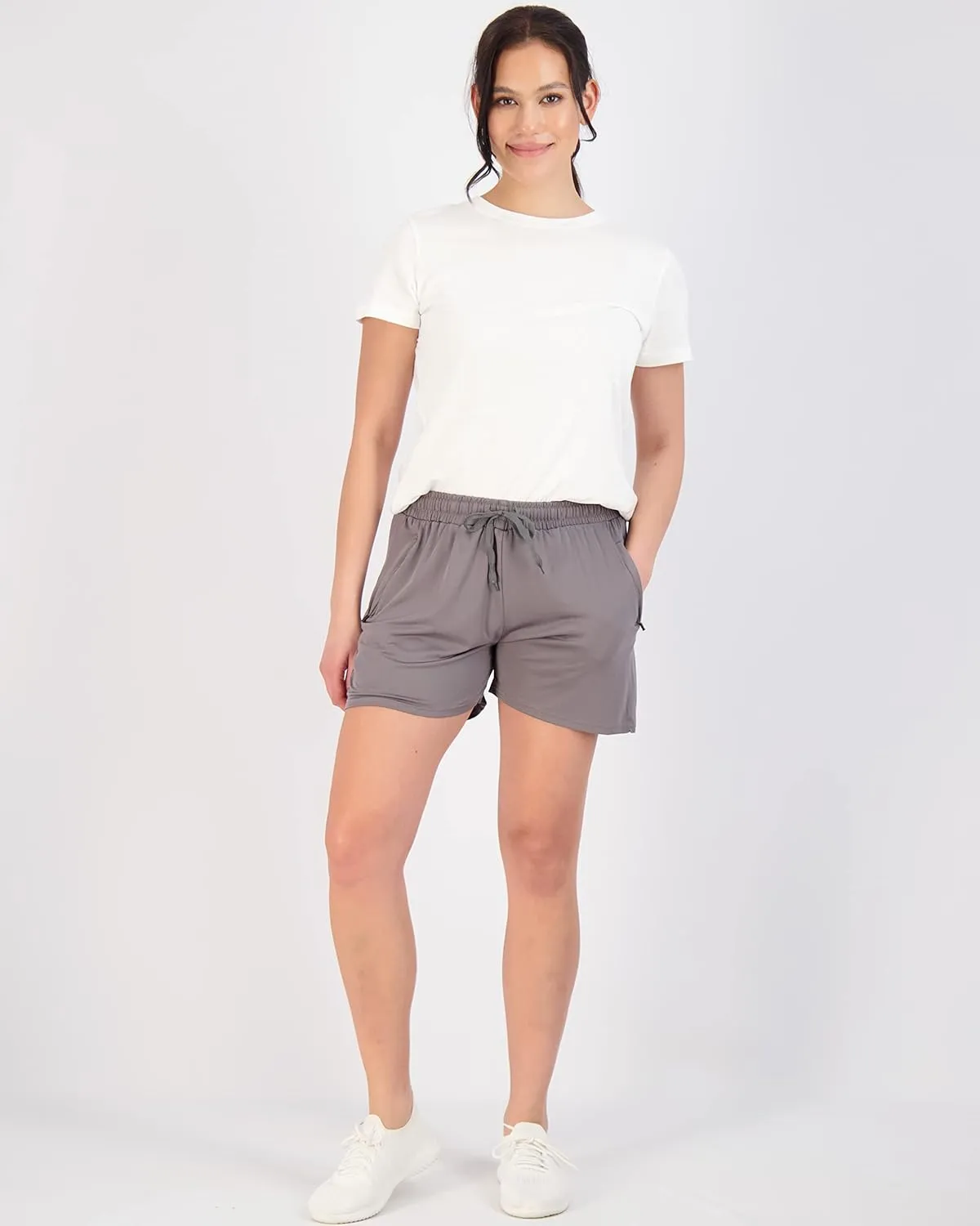 Real Essentials 4 Pack: Womens Athletic Dry-Fit Lounge Shorts with Zipper Pockets (Available in Plus Size)