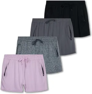 Real Essentials 4 Pack: Womens Athletic Dry-Fit Lounge Shorts with Zipper Pockets (Available in Plus Size)