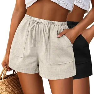 Riyiper 2 Pack Women's Linen Drawstring Elastic Waist Beach Casual Summer Wide Leg Shorts with Pockets 2025