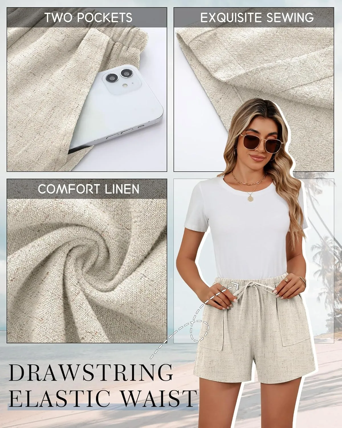 Riyiper 2 Pack Women's Linen Drawstring Elastic Waist Beach Casual Summer Wide Leg Shorts with Pockets 2025