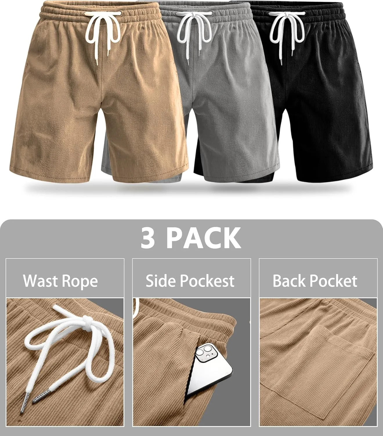 Riyiper 3 Pack Men's Corduroy Shorts L-5XL Big and Tall Drawstring Elastic Waist Pockets Loose Fit Casual 2025 Summer