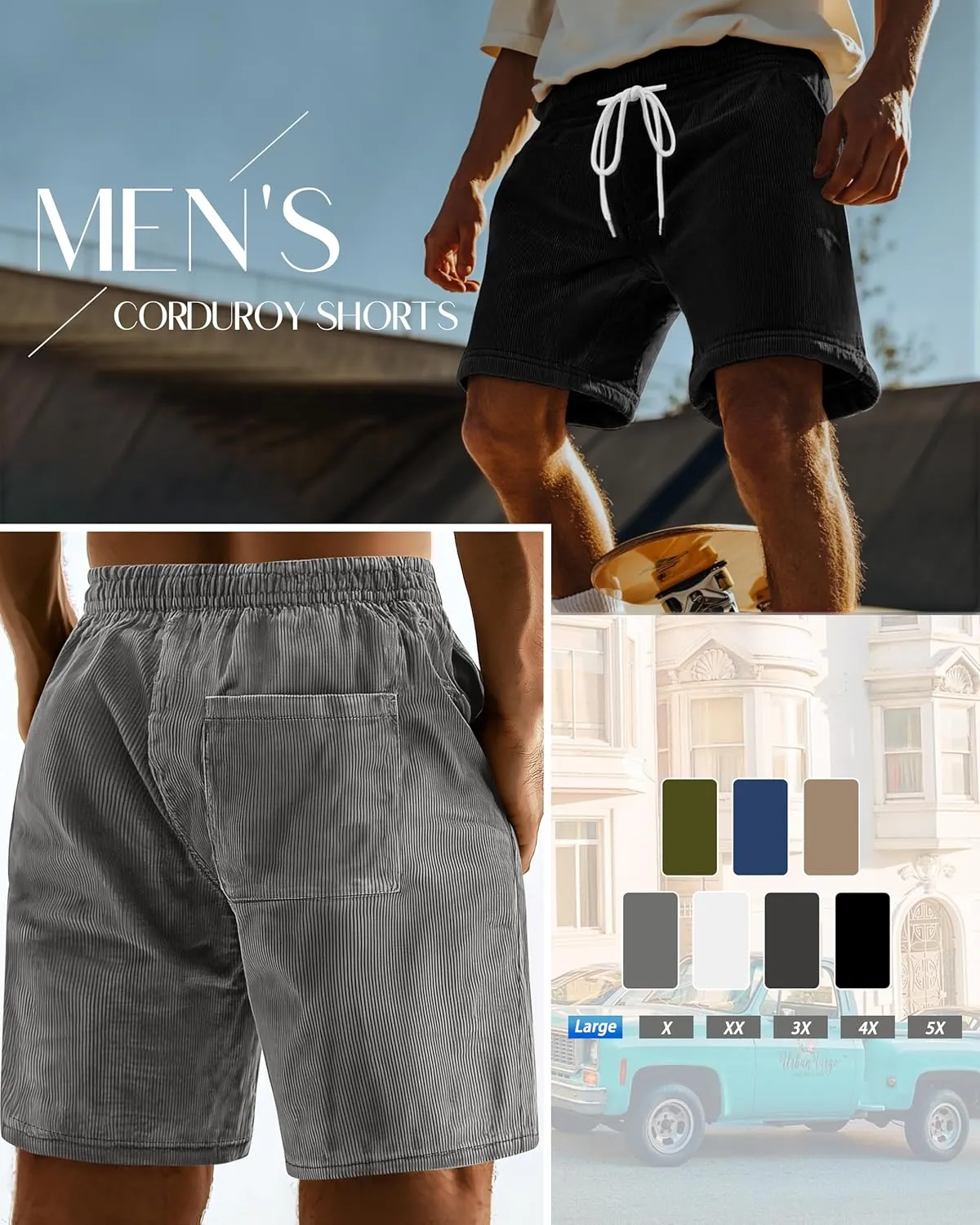 Riyiper 3 Pack Men's Corduroy Shorts L-5XL Big and Tall Drawstring Elastic Waist Pockets Loose Fit Casual 2025 Summer