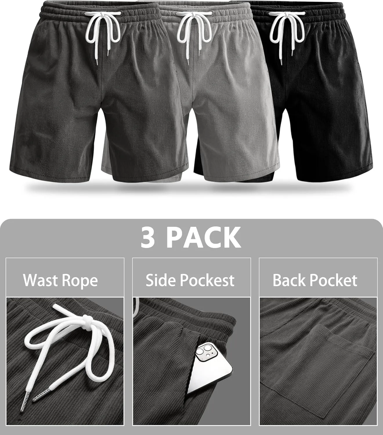 Riyiper 3 Pack Men's Corduroy Shorts L-5XL Big and Tall Drawstring Elastic Waist Pockets Loose Fit Casual 2025 Summer