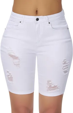 roswear Womens High Waisted Stretchy Denim Distressed Knee Length Bermuda Shorts