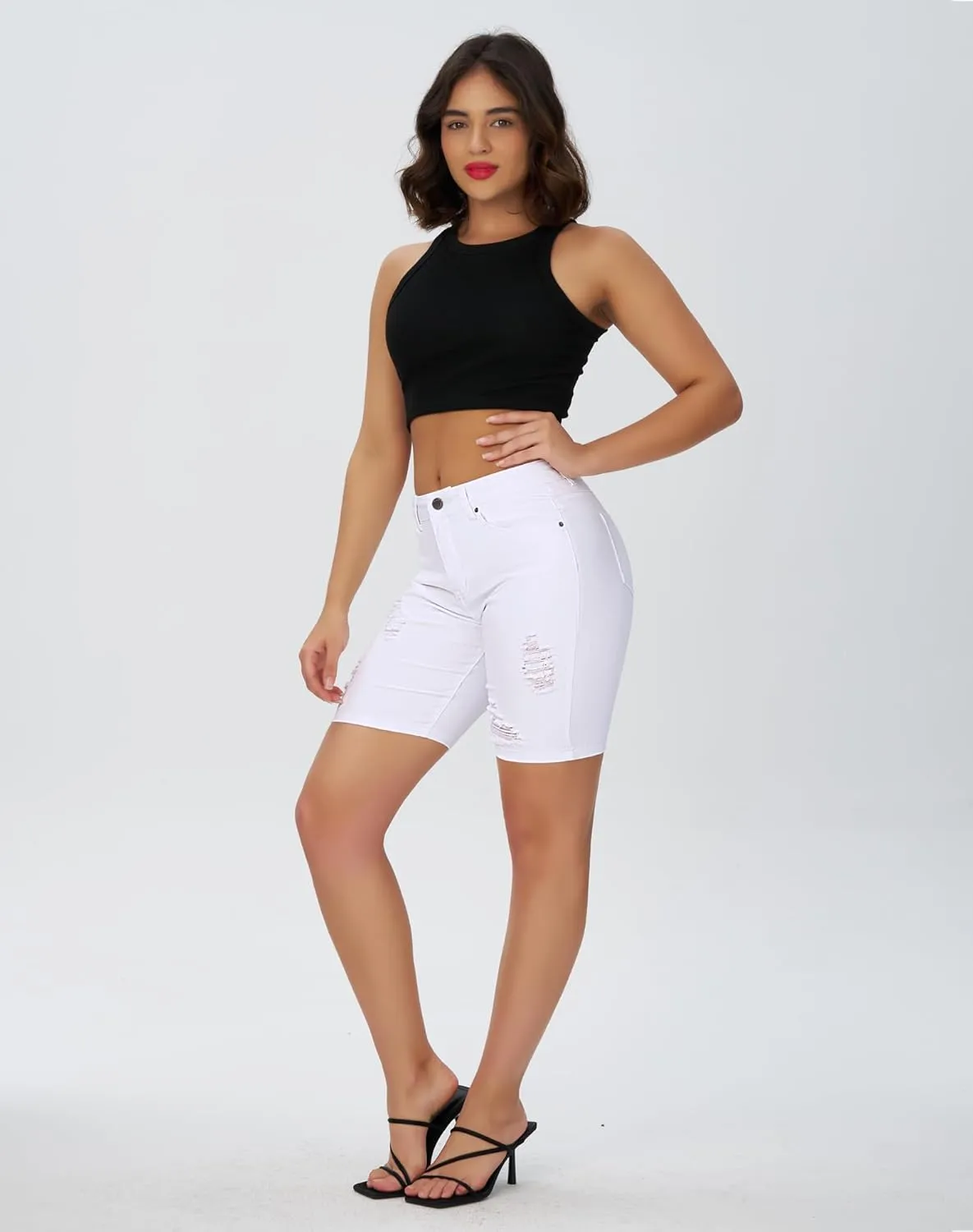 roswear Womens High Waisted Stretchy Denim Distressed Knee Length Bermuda Shorts