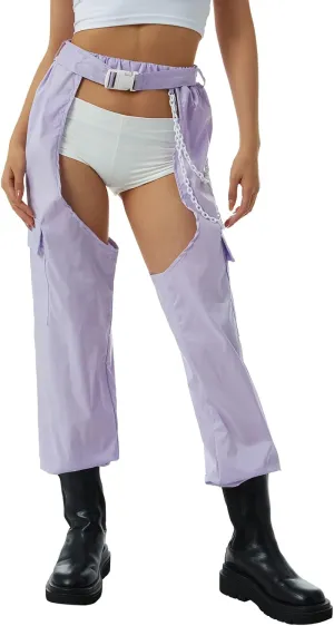 Sexy Buckle Bottomless Pants Women Hollow Out High Waist Rave Chaps Hiphop Rock Crotch Pants Belted Cargo Trousers