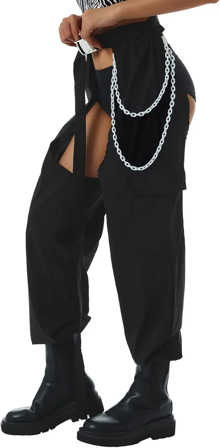 Sexy Buckle Bottomless Pants Women Hollow Out High Waist Rave Chaps Hiphop Rock Crotch Pants Belted Cargo Trousers