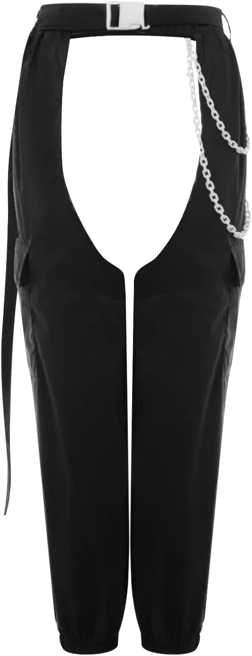 Sexy Buckle Bottomless Pants Women Hollow Out High Waist Rave Chaps Hiphop Rock Crotch Pants Belted Cargo Trousers