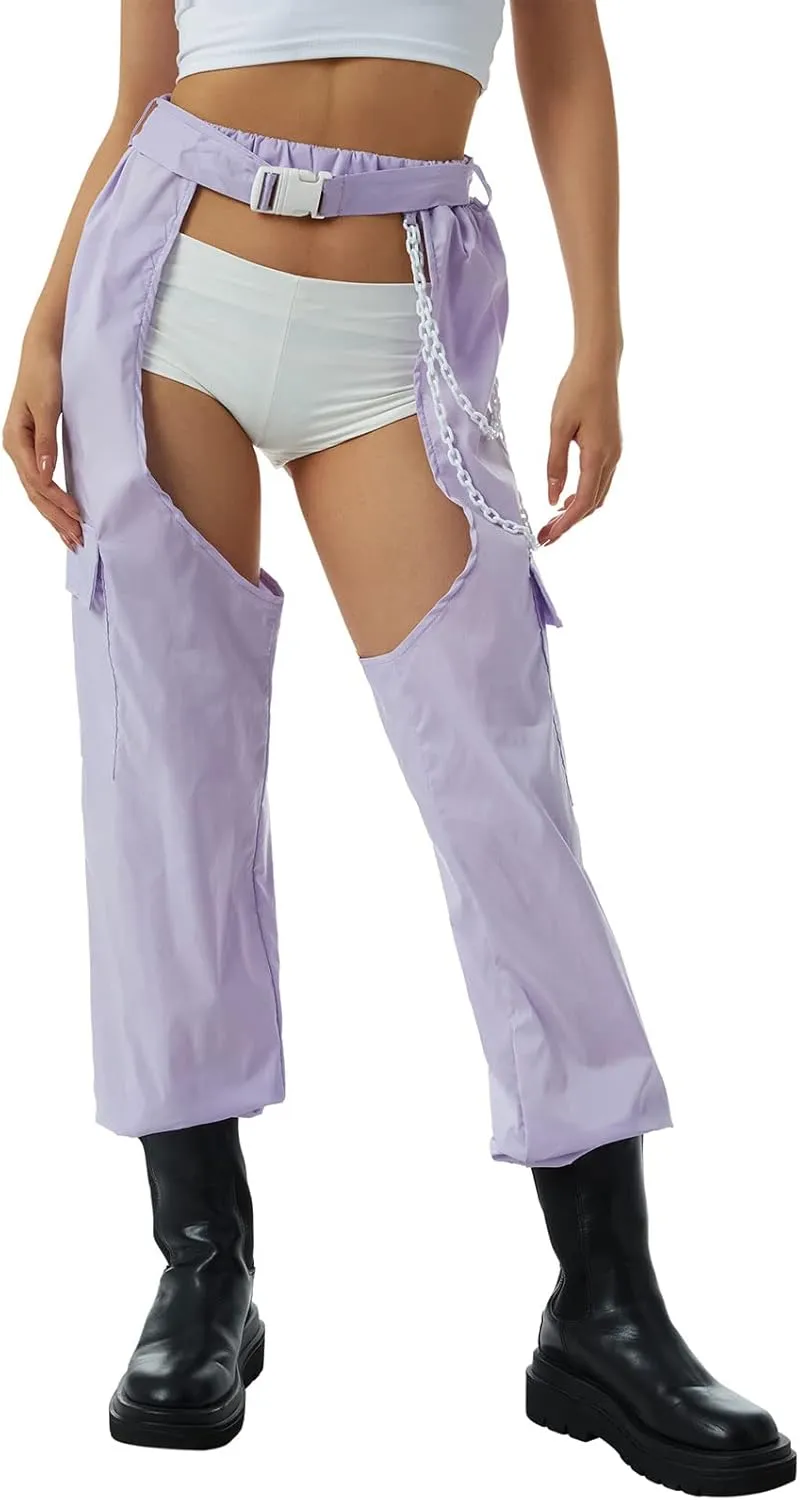 Sexy Buckle Bottomless Pants Women Hollow Out High Waist Rave Chaps Hiphop Rock Crotch Pants Belted Cargo Trousers