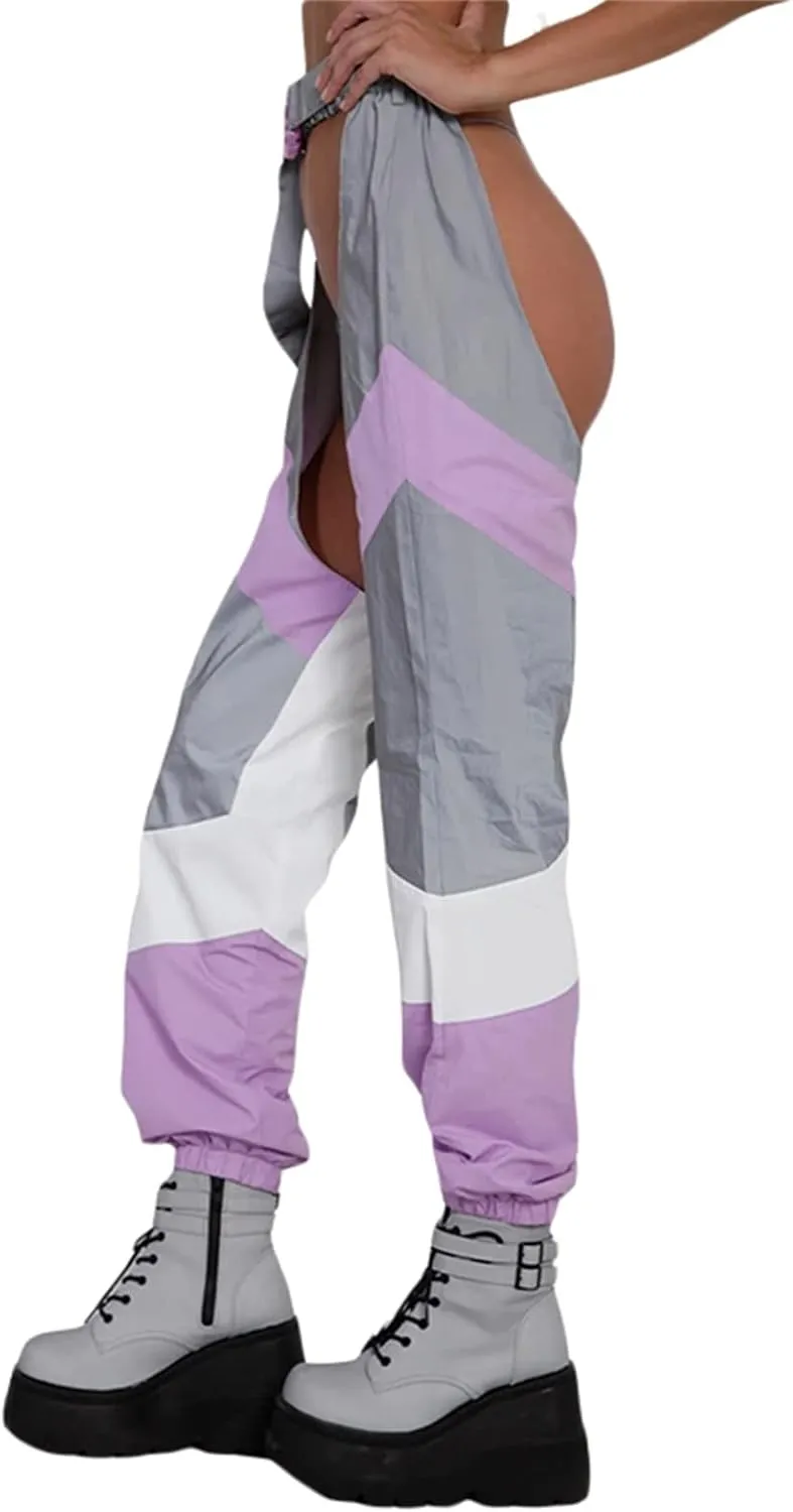 Sexy Buckle Bottomless Pants Women Hollow Out High Waist Rave Chaps Hiphop Rock Crotch Pants Belted Cargo Trousers
