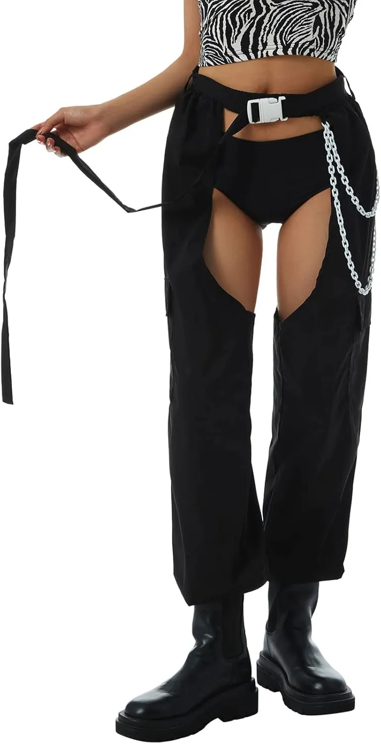 Sexy Buckle Bottomless Pants Women Hollow Out High Waist Rave Chaps Hiphop Rock Crotch Pants Belted Cargo Trousers