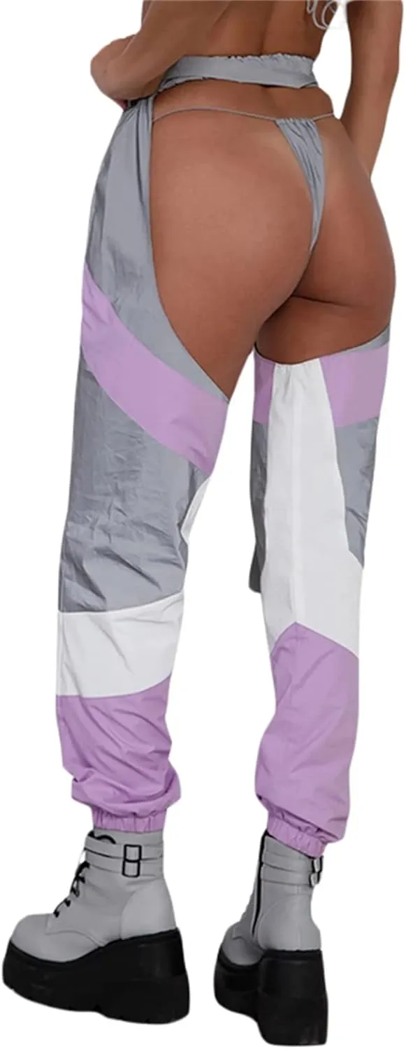 Sexy Buckle Bottomless Pants Women Hollow Out High Waist Rave Chaps Hiphop Rock Crotch Pants Belted Cargo Trousers