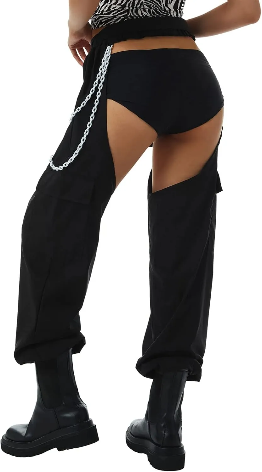 Sexy Buckle Bottomless Pants Women Hollow Out High Waist Rave Chaps Hiphop Rock Crotch Pants Belted Cargo Trousers