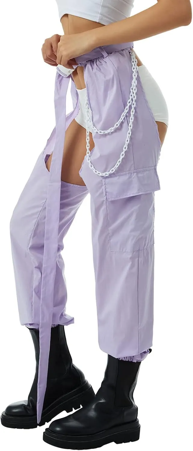 Sexy Buckle Bottomless Pants Women Hollow Out High Waist Rave Chaps Hiphop Rock Crotch Pants Belted Cargo Trousers