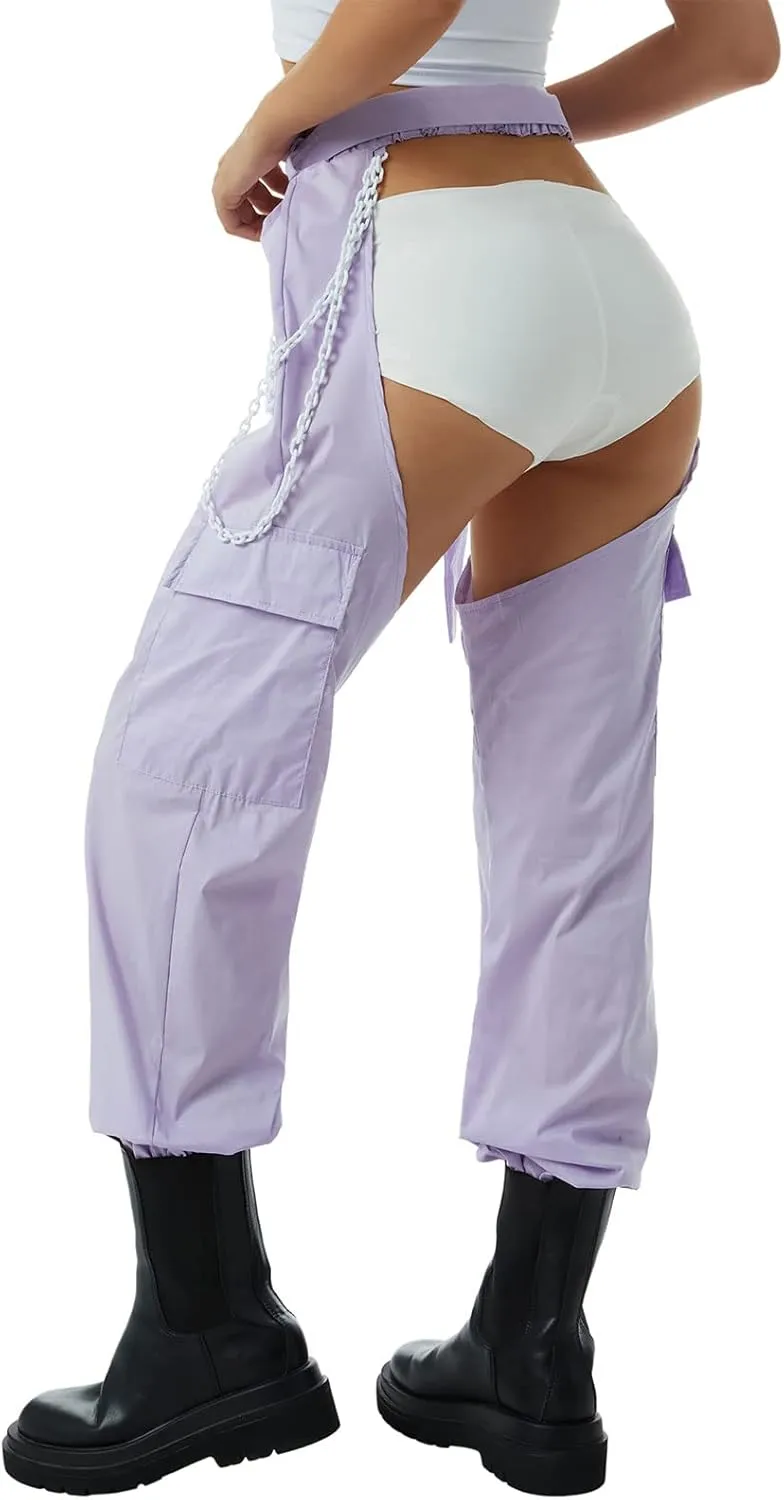 Sexy Buckle Bottomless Pants Women Hollow Out High Waist Rave Chaps Hiphop Rock Crotch Pants Belted Cargo Trousers