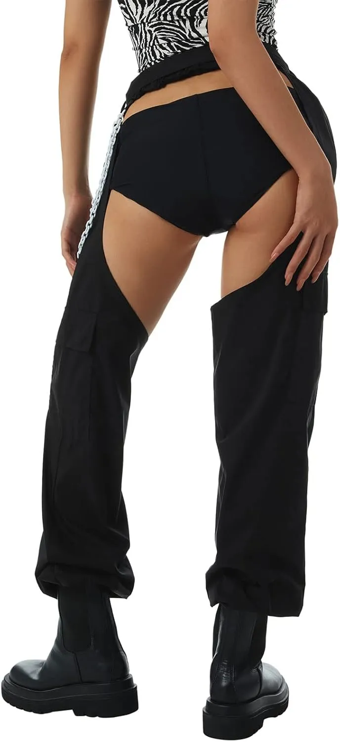 Sexy Buckle Bottomless Pants Women Hollow Out High Waist Rave Chaps Hiphop Rock Crotch Pants Belted Cargo Trousers