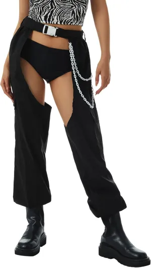 Sexy Buckle Bottomless Pants Women Hollow Out High Waist Rave Chaps Hiphop Rock Crotch Pants Belted Cargo Trousers