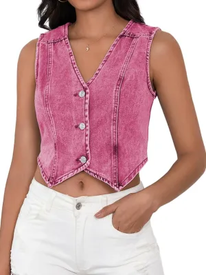 SHENHE Women's Denim Vest Button Down Sleeveless Jean Vest Top Y2K Cropped Denim Jacket Country Fashion Western Clothes