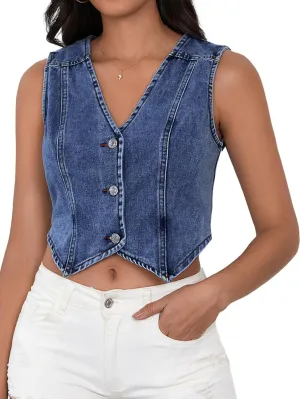 SHENHE Women's Denim Vest Button Down Sleeveless Jean Vest Top Y2K Cropped Denim Jacket Country Fashion Western Clothes