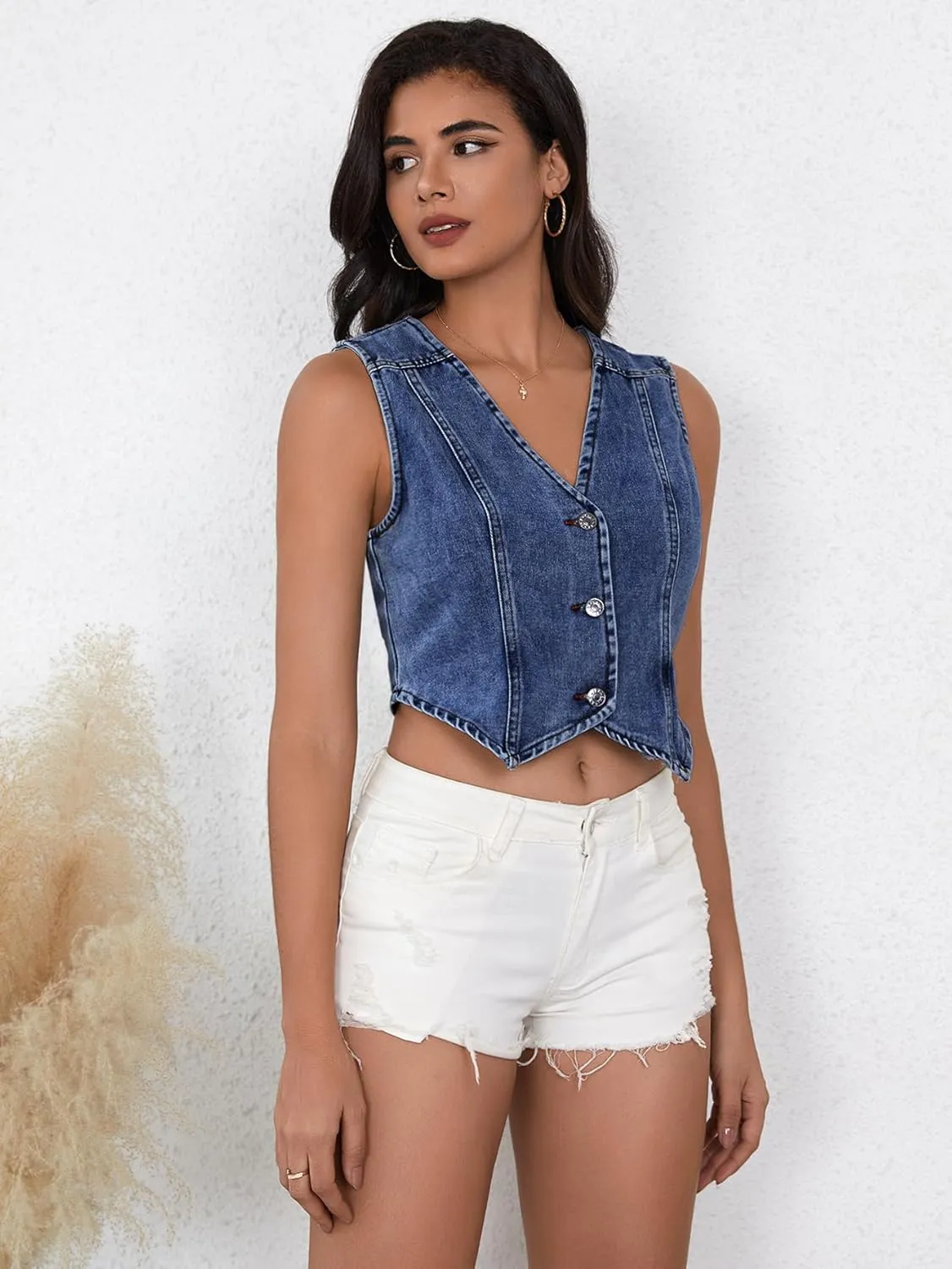 SHENHE Women's Denim Vest Button Down Sleeveless Jean Vest Top Y2K Cropped Denim Jacket Country Fashion Western Clothes
