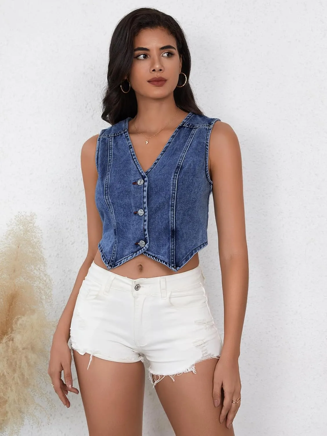 SHENHE Women's Denim Vest Button Down Sleeveless Jean Vest Top Y2K Cropped Denim Jacket Country Fashion Western Clothes