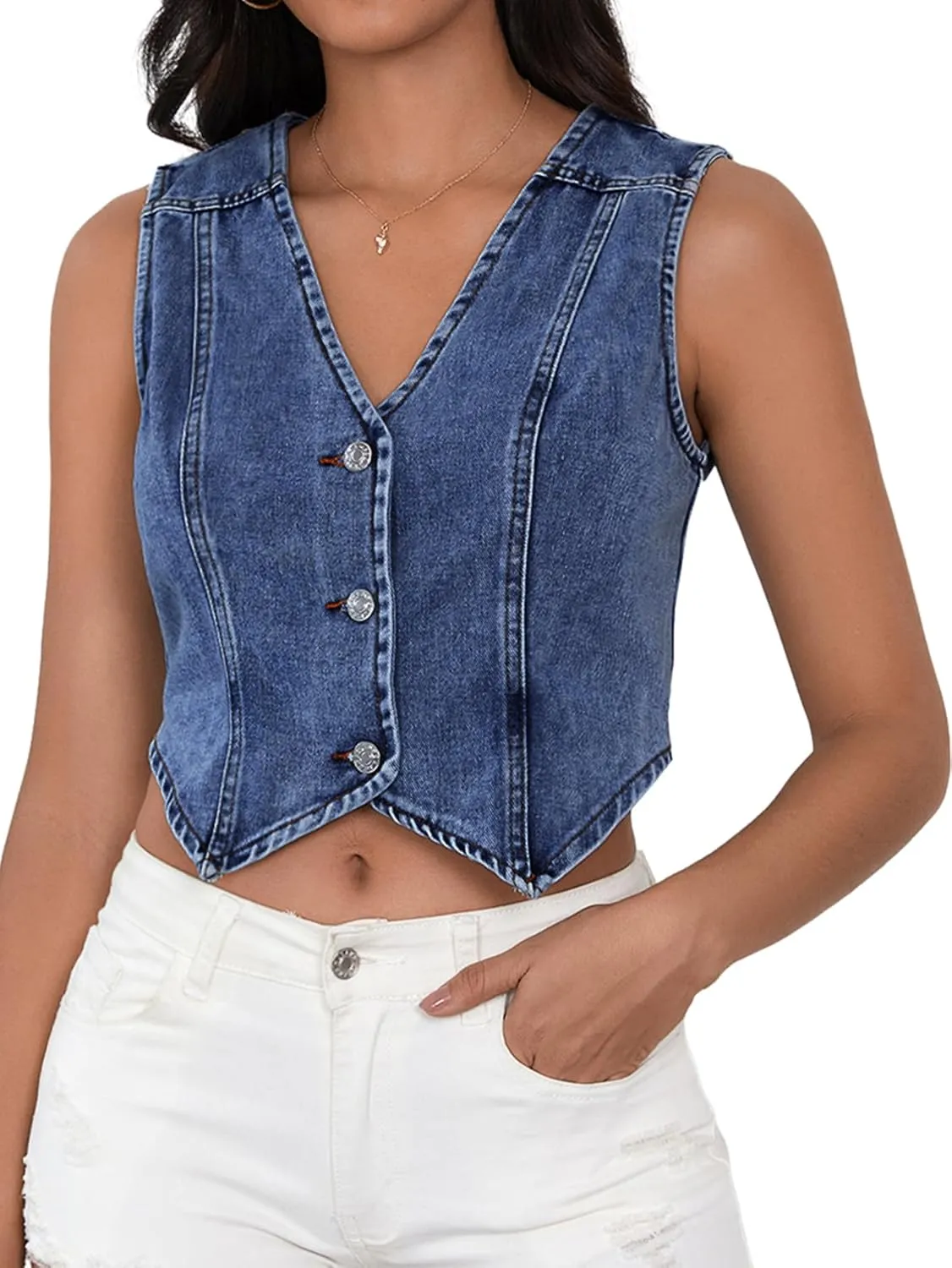 SHENHE Women's Denim Vest Button Down Sleeveless Jean Vest Top Y2K Cropped Denim Jacket Country Fashion Western Clothes
