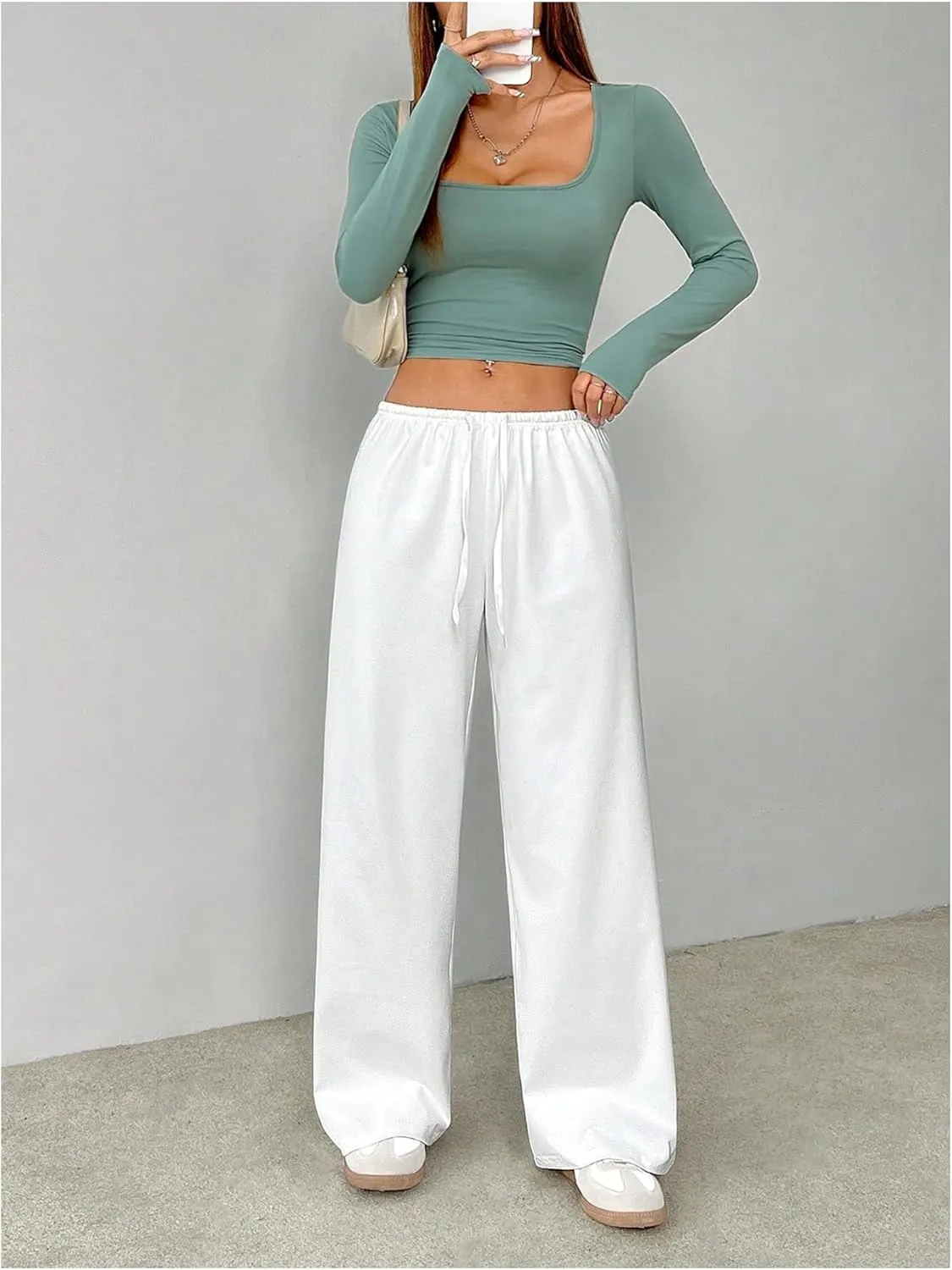 SHENHE Women's Wide Leg Pants Casual Drawstring Y2k Low Rise Lounge Pants Loose Trousers