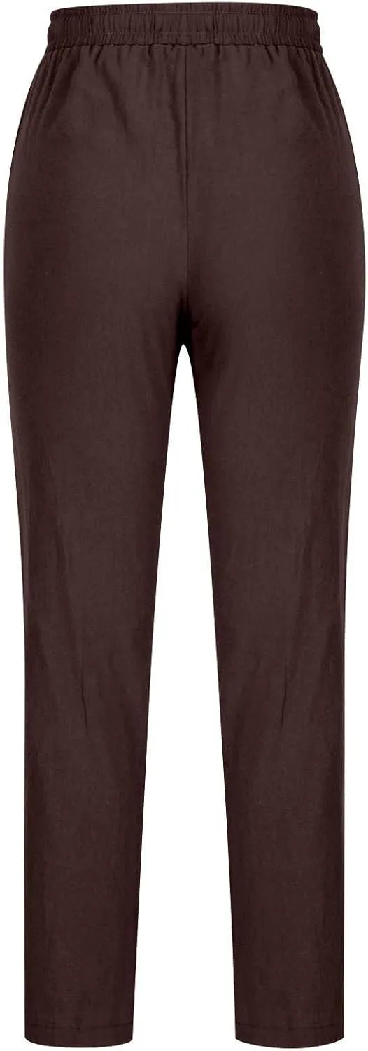 SMIDOW Womens Cotton Linen Pants Casual Drawstring Elastic High Waist Straight Leg Pants Loose Comfy Trousers with Pockets