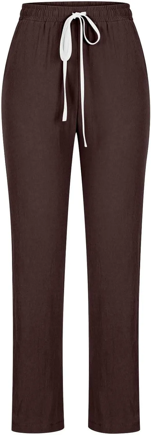 SMIDOW Womens Cotton Linen Pants Casual Drawstring Elastic High Waist Straight Leg Pants Loose Comfy Trousers with Pockets