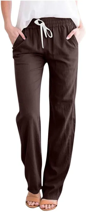 SMIDOW Womens Cotton Linen Pants Casual Drawstring Elastic High Waist Straight Leg Pants Loose Comfy Trousers with Pockets