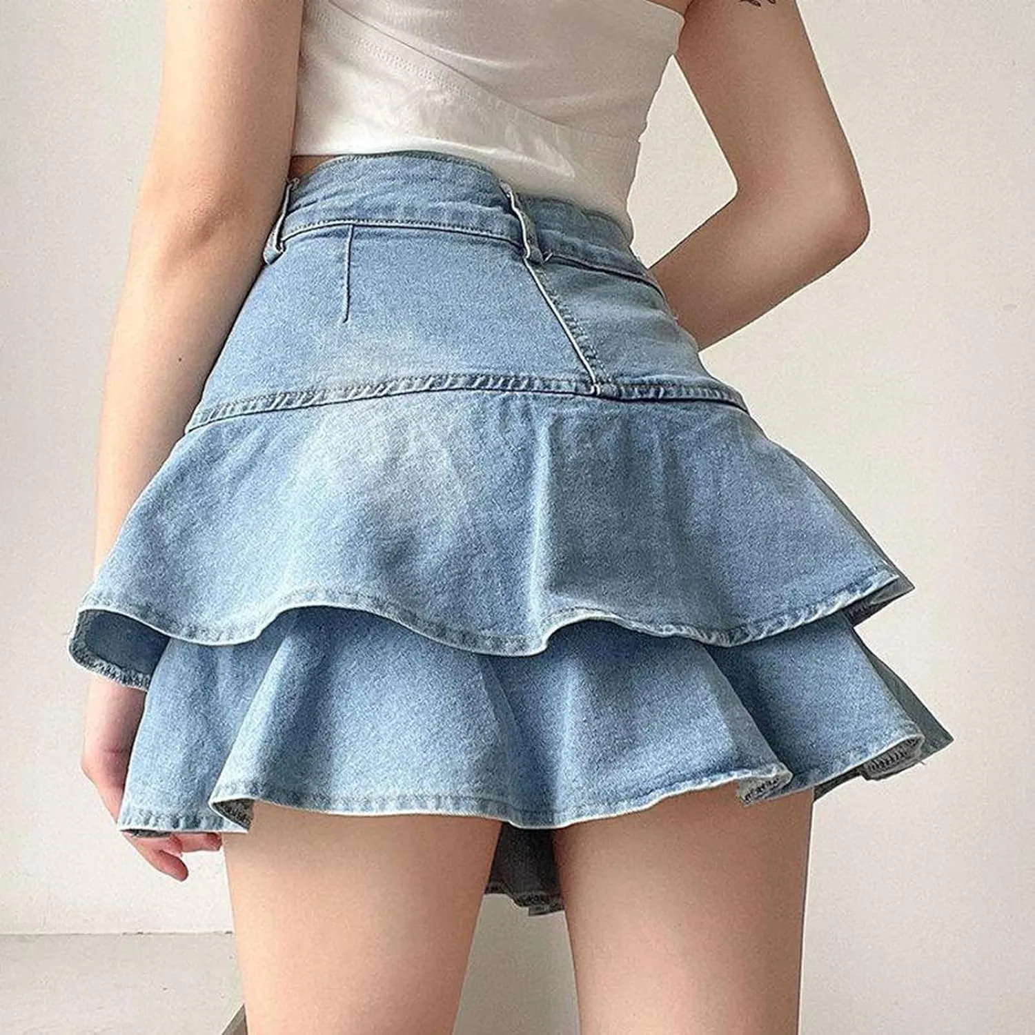 Spicy Girl Ruffle Edge Denim Skirt Women's Retro Cake Skirt High Waist Slim Short Skirt Women's plus Skirts