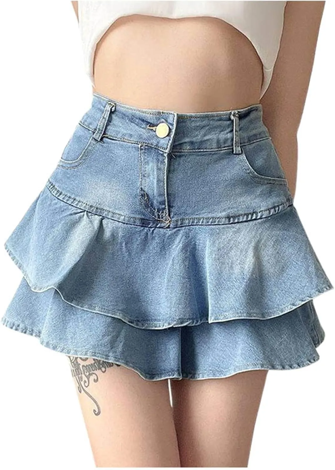 Spicy Girl Ruffle Edge Denim Skirt Women's Retro Cake Skirt High Waist Slim Short Skirt Women's plus Skirts