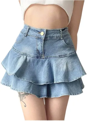 Spicy Girl Ruffle Edge Denim Skirt Women's Retro Cake Skirt High Waist Slim Short Skirt Women's plus Skirts