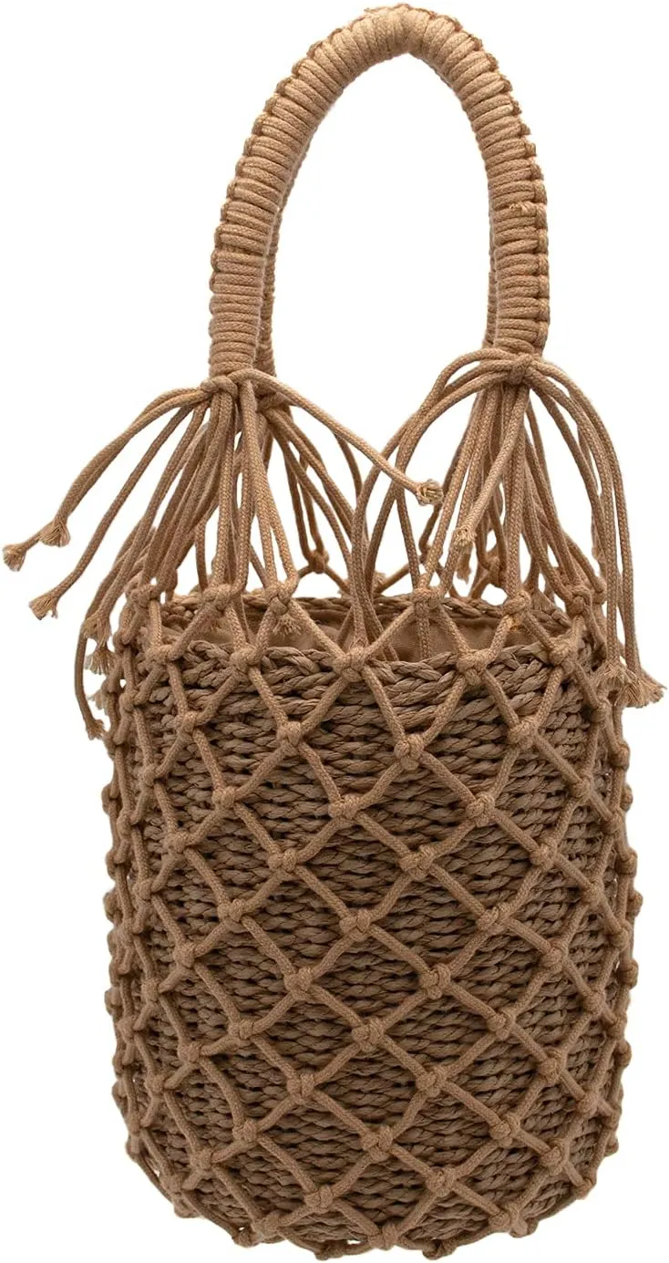 surell Paper Straw Bucket Bag - Summer Beach Tote - Unique Round Pouch Purse - Stylish Spring Fashion Accessory - Natural