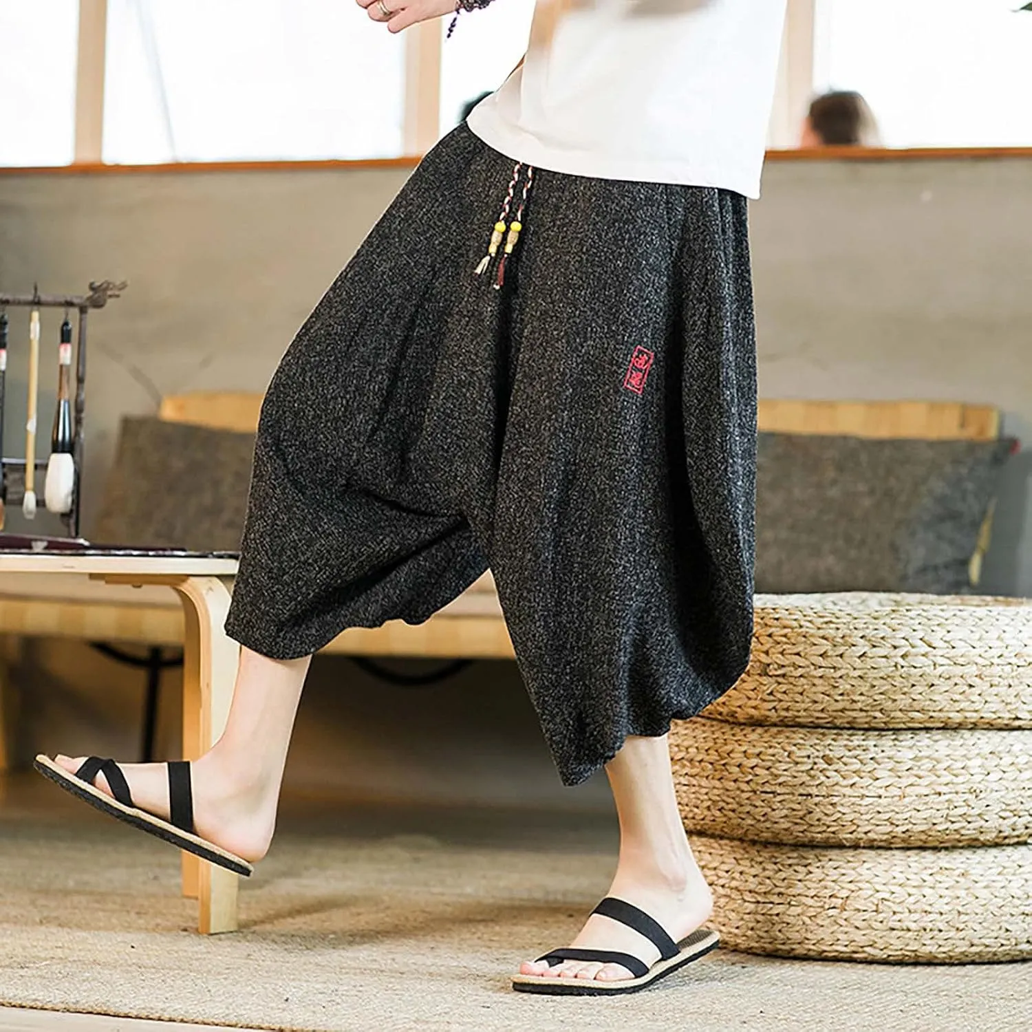 SUWBMHWE Japanese Clothes for Men Linen Harem Pants Beach Casual Comfy Yoga Mens Any Occasion with Pockets Boho Lounge