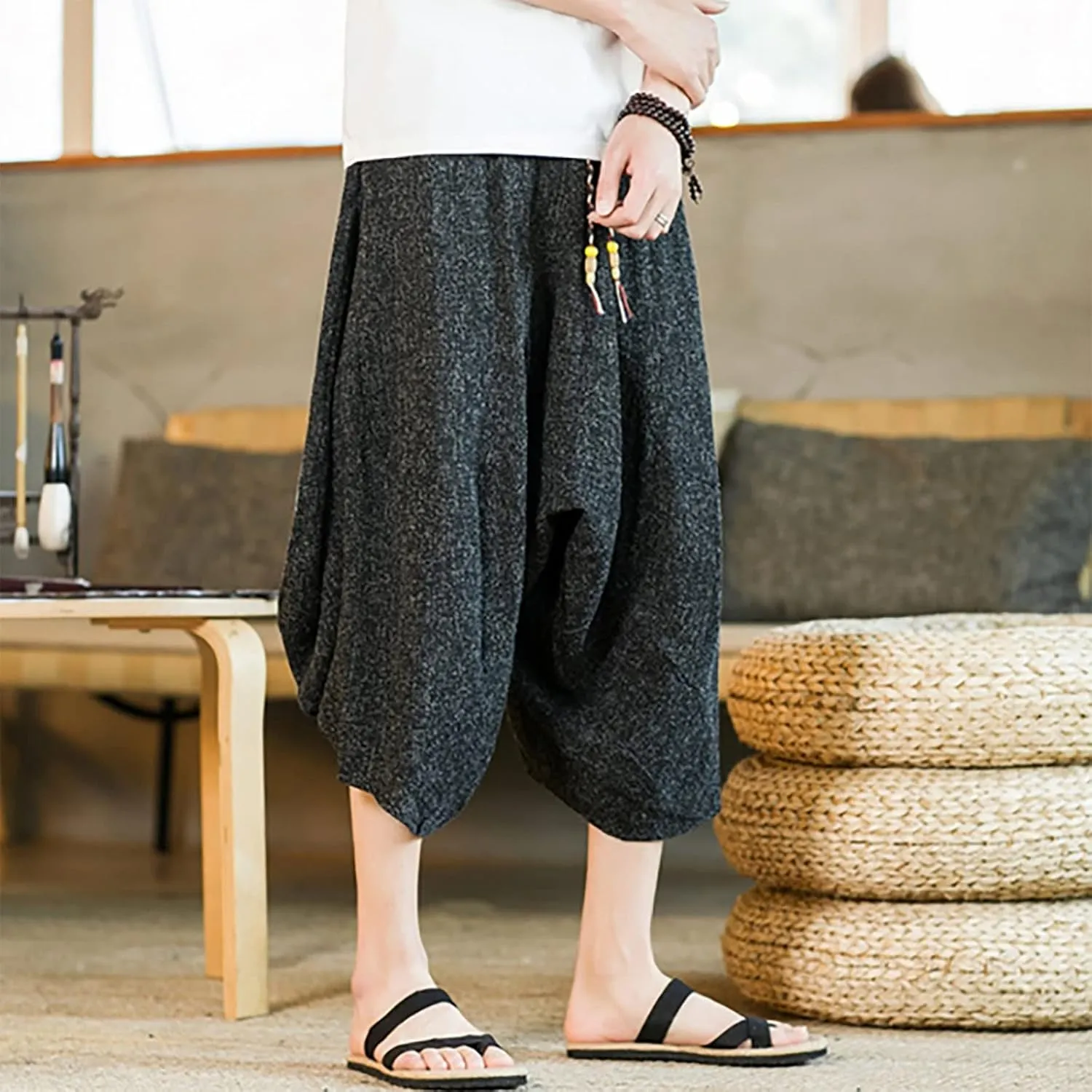 SUWBMHWE Japanese Clothes for Men Linen Harem Pants Beach Casual Comfy Yoga Mens Any Occasion with Pockets Boho Lounge