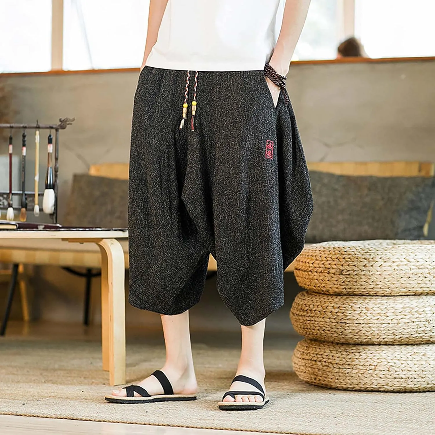 SUWBMHWE Japanese Clothes for Men Linen Harem Pants Beach Casual Comfy Yoga Mens Any Occasion with Pockets Boho Lounge