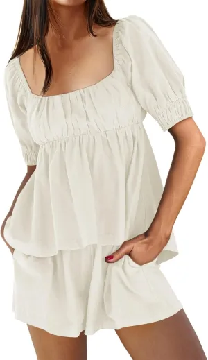 Tankaneo Womens 2 Piece Outfits Summer Square Neck Short Puff Sleeve Babydoll Tops and Shorts Matching Set