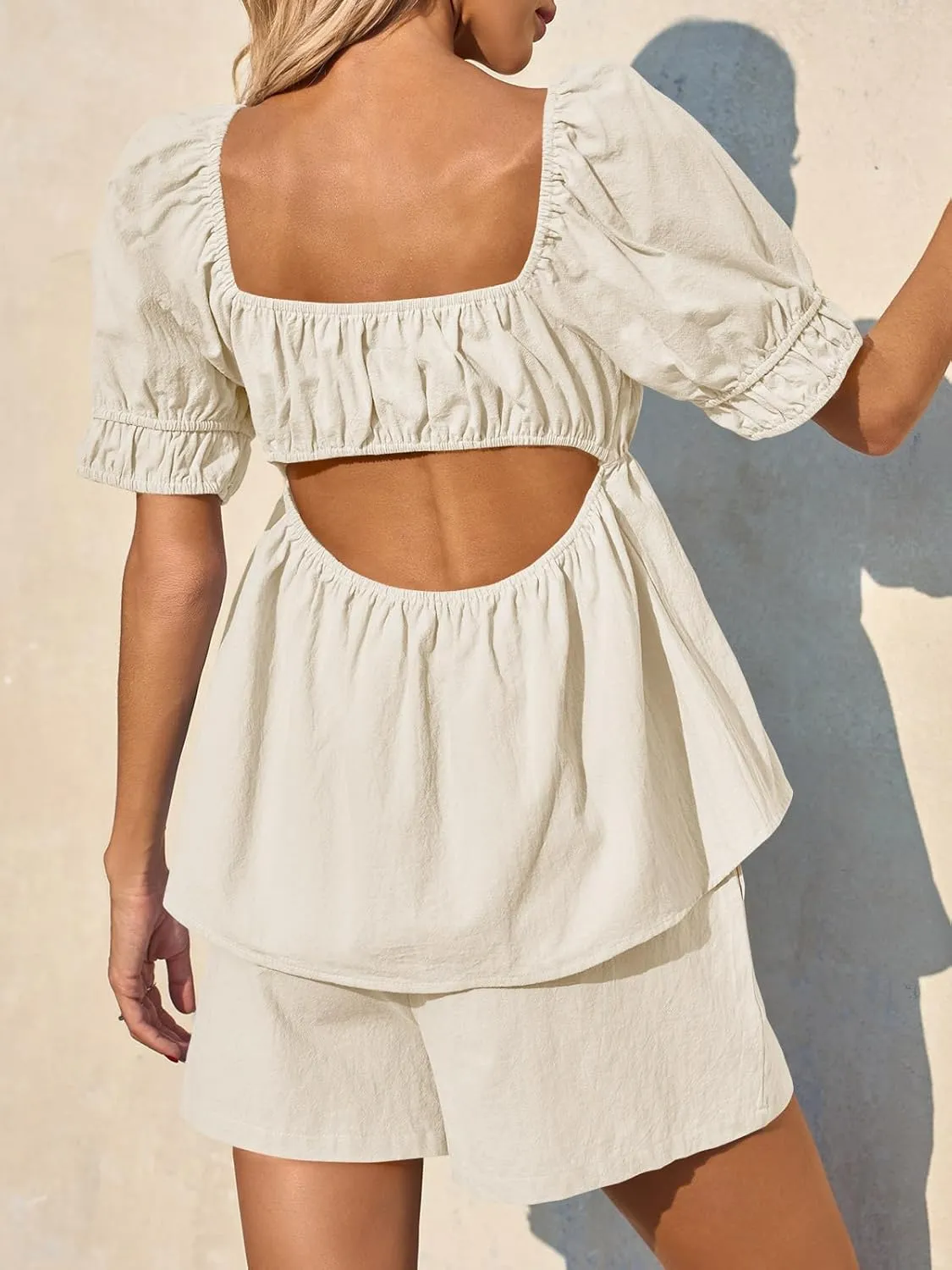 Tankaneo Womens 2 Piece Outfits Summer Square Neck Short Puff Sleeve Babydoll Tops and Shorts Matching Set